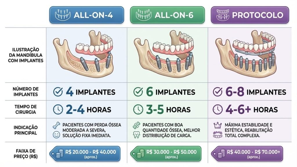 Comparação All-on-4 vs All-on-6 vs Protocolo - Diferenças de preço, tempo e indicação
