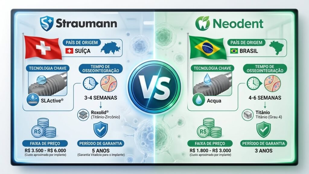 Straumann ou Neodent: Qual Escolher? Straumann vs Neodent - Comparação completa de implantes dentários premium e acessíveis