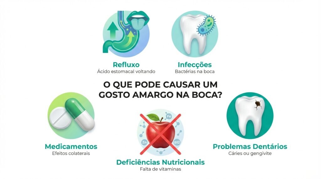 Infográfico com 5 ícones representando as causas da boca amarga: Refluxo, Infecções, Problemas Dentários, Medicamentos e Deficiências Nutricionais.