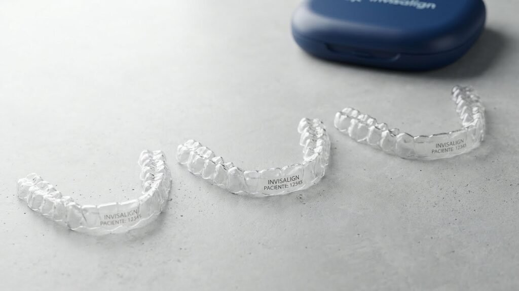 A Evolução do Seu Sorriso: Sequência de Alinhadores Invisalign Sequência de cinco pares de alinhadores Invisalign mostrando a progressão do tratamento para o alinhamento dos dentes.