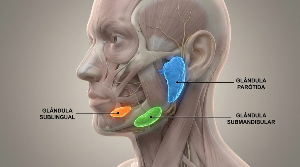 Ilustração 3D da anatomia da face mostrando as principais glândulas salivares: parótida, submandibular e sublingual.
