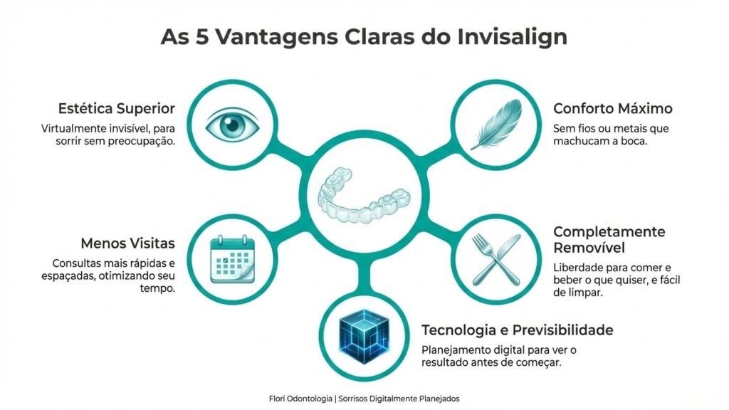 As 5 Grandes Vantagens do Tratamento Invisalign Infográfico com as 5 principais vantagens do tratamento Invisalign: estética, conforto, removível, menos consultas e tecnologia 3D.