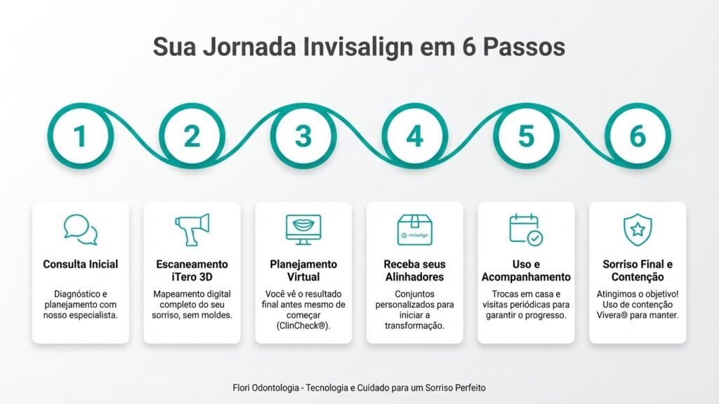 As 6 Etapas da Sua Jornada com Invisalign na Flori Odontologia Infográfico em formato de linha do tempo mostrando as 6 etapas do tratamento Invisalign, desde a consulta inicial com escaneamento 3D até a fase de contenção Vivera.