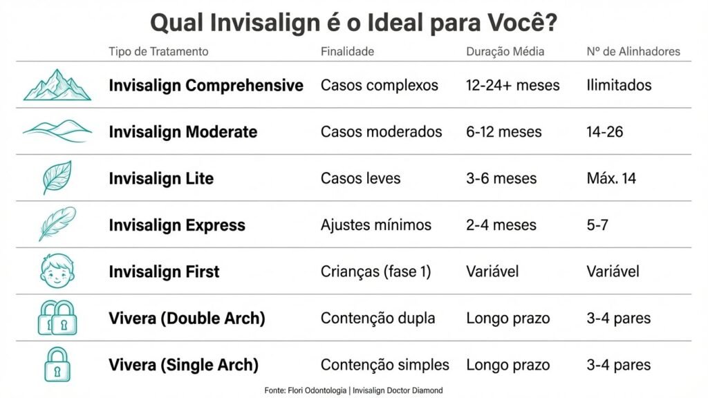 Infográfico detalhando os 7 tipos de tratamento Invisalign Infográfico detalhando os 7 tipos de tratamento Invisalign: Comprehensive, Moderate, Lite, Express, First e Vivera, com informações sobre finalidade, duração e quantidade de alinhadores.