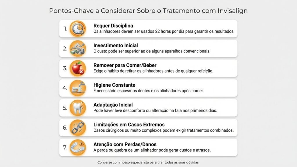 Infográfico com os 7 principais desvantagens e pontos de atenção do tratamento Invisalign, incluindo preço, disciplina, e limitações.