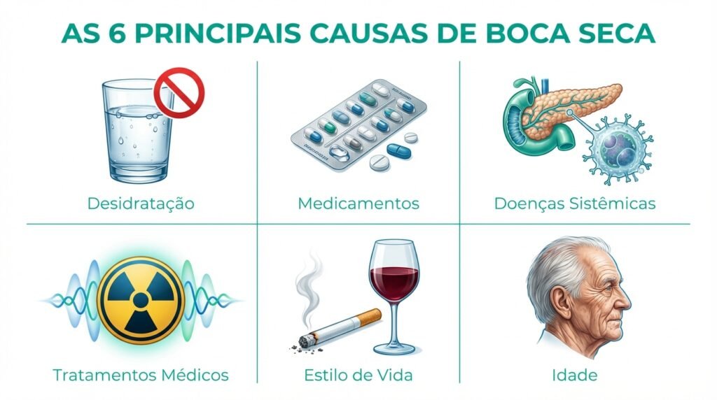 Infográfico mostrando as 6 principais causas da boca seca: Desidratação, Medicamentos, Doenças Sistêmicas, Tratamentos Médicos, Estilo de Vida e Idade.