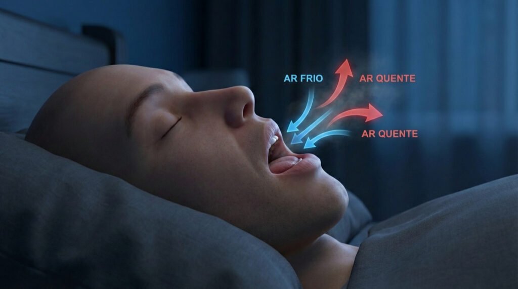 Ilustração mostrando o fluxo de ar entrando pela boca durante o sono, causando o ressecamento da mucosa oral e a sensação de boca seca.