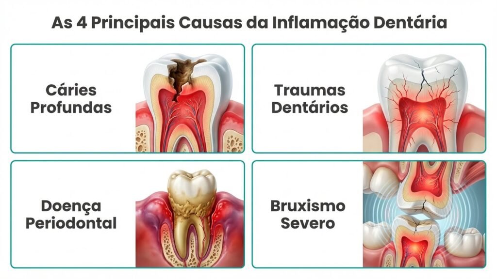 Infográfico ilustrando as 4 principais causas de um dente inflamado: cáries profundas, traumas dentários, doença periodontal e bruxismo.
