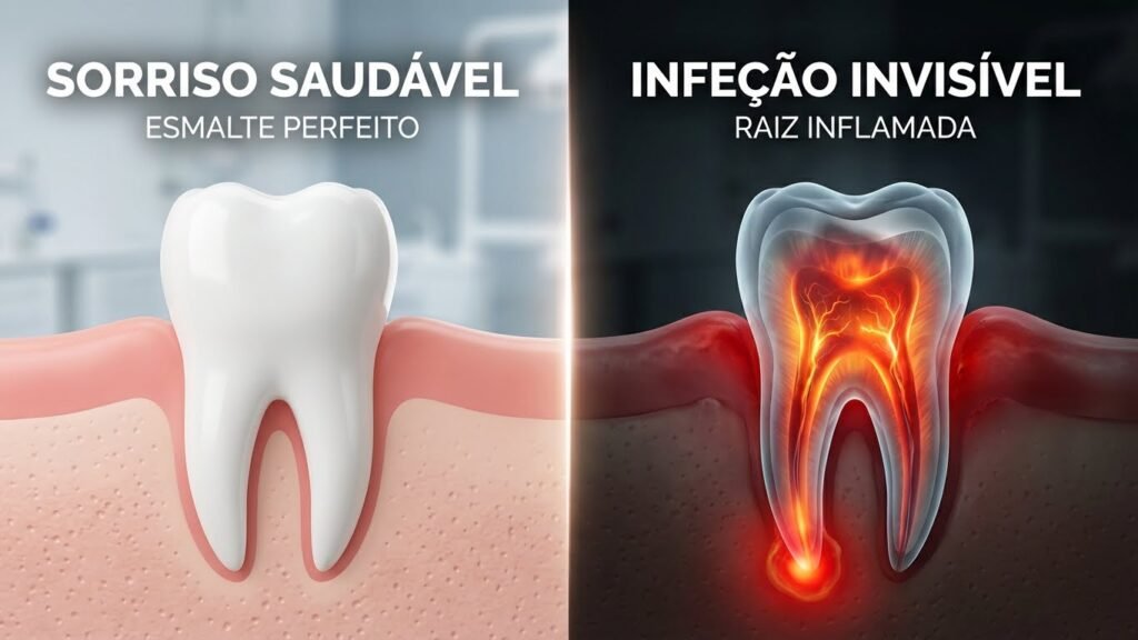 Comparativo visual de um dente saudável e um dente inflamado, com um raio-x mostrando a polpa e a raiz inflamadas, simbolizando a dor e a urgência do tratamento.