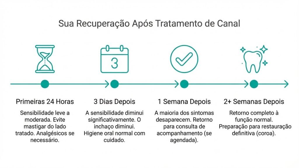 Linha do tempo da recuperação após tratamento de canal: 24 horas, 3 dias, 1 semana e 2 semanas, mostrando a diminuição da sensibilidade e o retorno à normalidade.