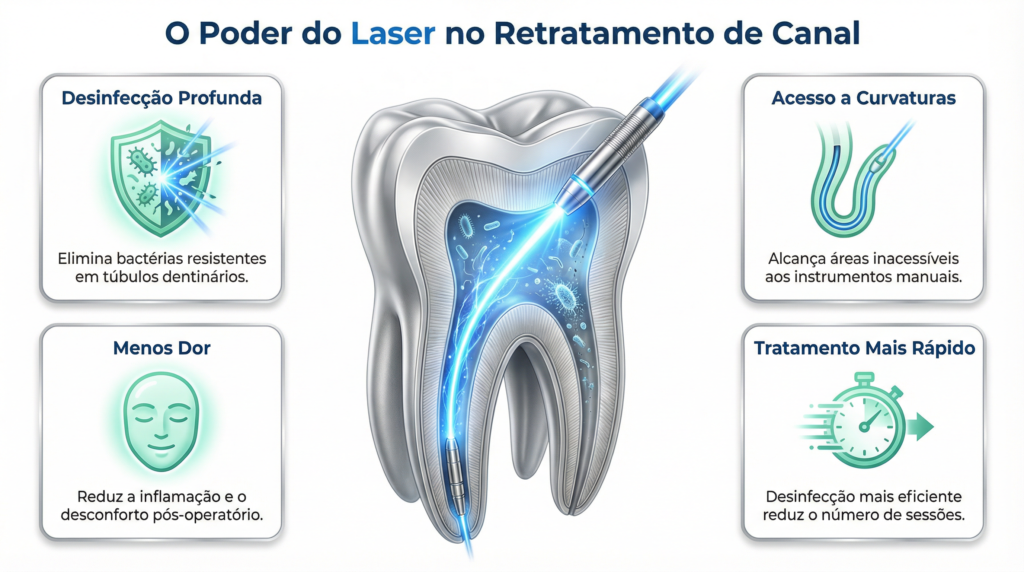 Infográfico mostrando os 4 benefícios do laser no retratamento de canal: desinfecção profunda, acesso a curvas complexas, menos dor e tratamento mais rápido.