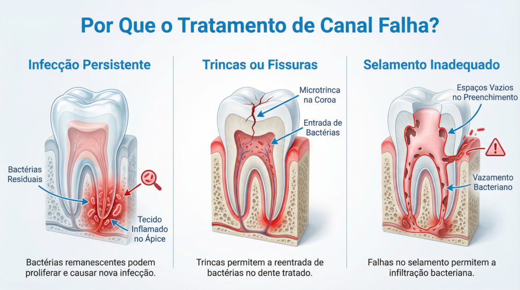 Infográfico com as três principais causas de falha no tratamento de canal: infecção persistente, trincas no dente e vedação inadequada do canal radicular.
