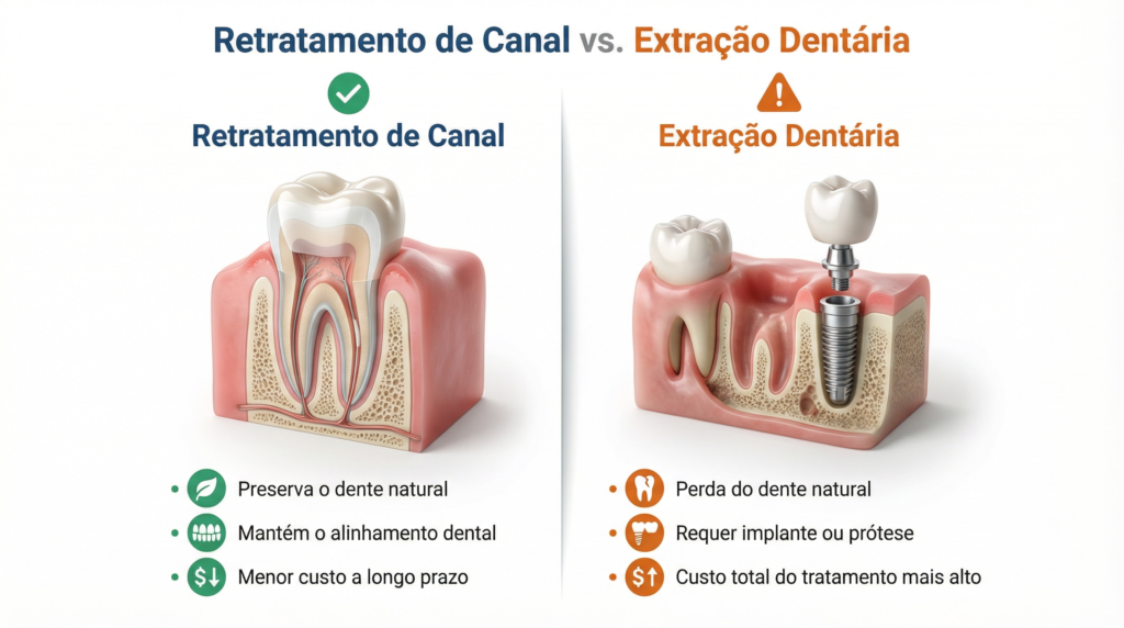 Infográfico comparando o retratamento de canal, que preserva o dente natural, com a extração dentária, que exige implante e tem maior custo total.