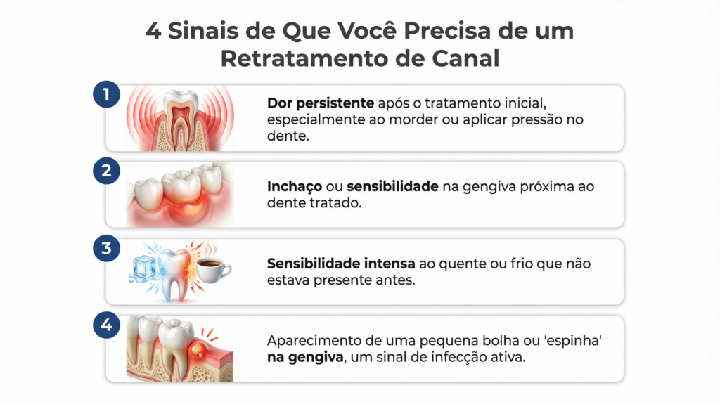 Infográfico com os 4 sinais de que um dente precisa de retratamento de canal: dor persistente, inchaço na gengiva, sensibilidade extrema e presença de fístula.