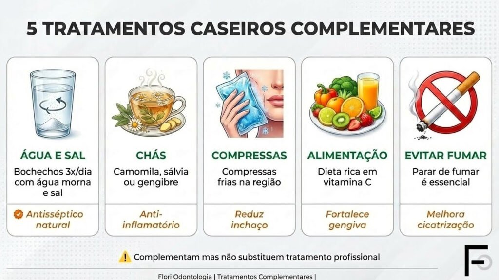 Infográfico mostrando 5 tratamentos caseiros complementares para gengivite: bochechos com água e sal, chás anti-inflamatórios, compressas frias, alimentação saudável e evitar tabagismo
