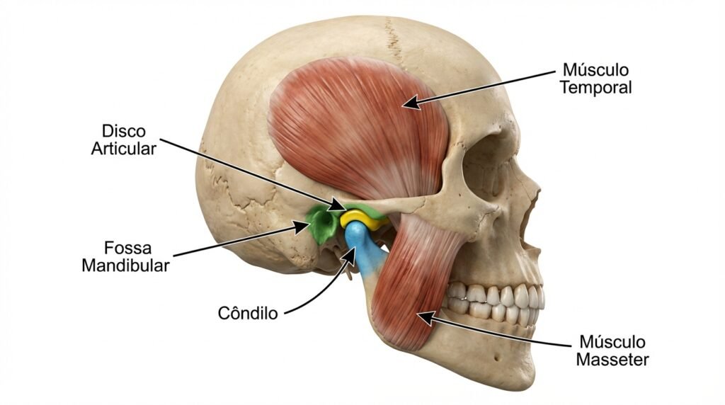 Ilustração 3D da anatomia da Articulação Temporomandibular (ATM), mostrando o disco articular, côndilo e músculos relacionados.