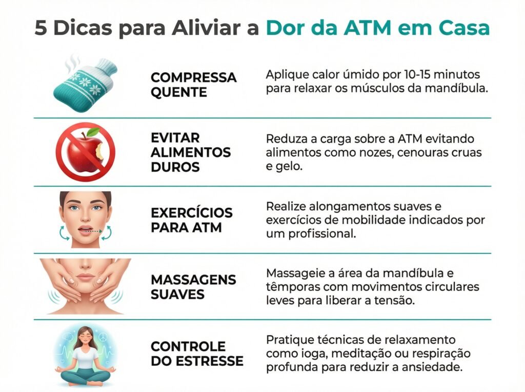 Infográfico com 5 dicas para aliviar a dor da ATM em casa, incluindo compressas quentes, evitar alimentos duros e controle do estresse.
