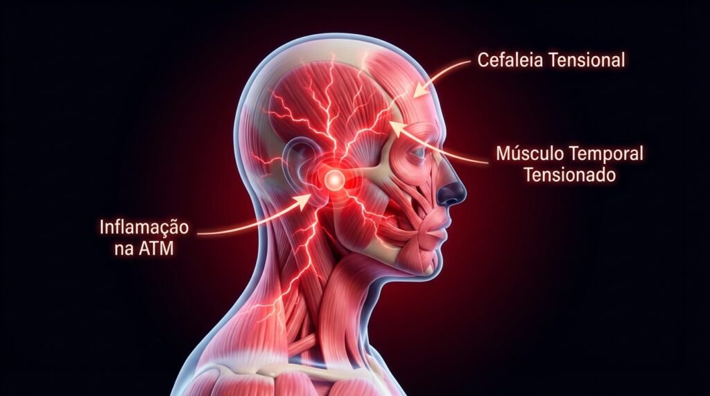 Ilustração 3D mostrando como a inflamação na ATM pode causar dor de cabeça tensional, com a dor irradiando para os músculos da face e pescoço.