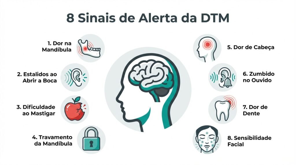 Infográfico com os 8 principais sintomas da Disfunção Temporomandibular (DTM), incluindo dor na mandíbula, estalos e dor de cabeça.