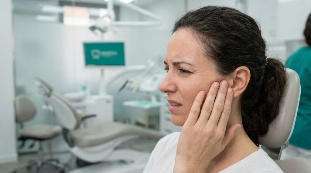 Mulher com dor na mandíbula indicando sintomas de DTM (Disfunção Temporomandibular) e buscando tratamento para ATM.