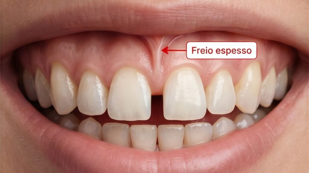 Infográfico antes e depois da frenectomia labial para correção de diastema com laser de alta potência