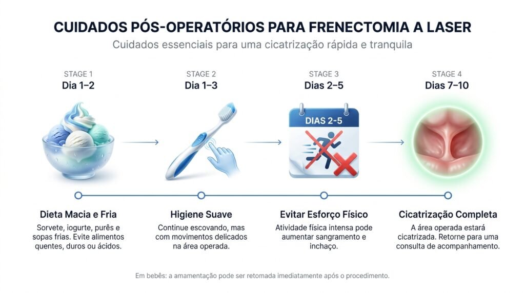 Infográfico com cuidados pós-operatórios da frenectomia a laser nos primeiros 7 a 10 dias de recuperação