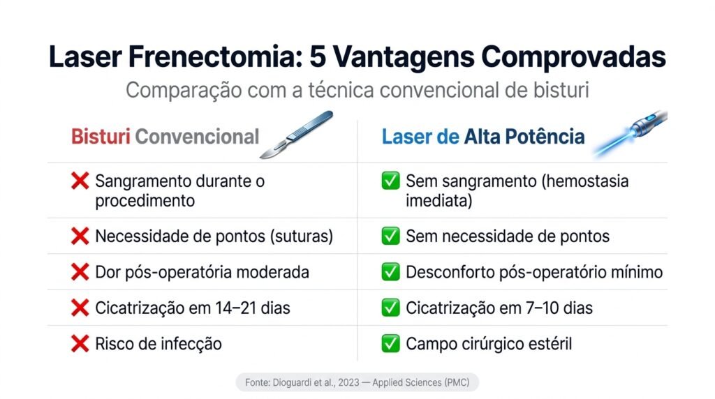 Infográfico comparando frenectomia a laser versus bisturi convencional: 5 vantagens comprovadas do laser