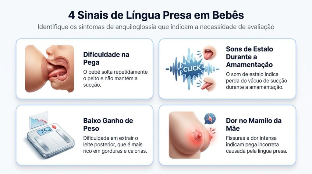 Infográfico com 4 sinais de língua presa em bebê: dificuldade de pega, estalos, baixo ganho de peso e dor nos mamilos da mãe