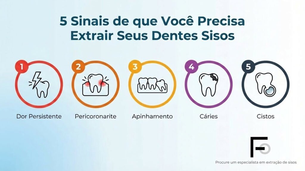 5 Sinais de que Você Precisa Extrair o Siso - Infográfico Completo Infográfico mostrando os 5 principais sinais de que você precisa extrair o siso: dor persistente, pericoronarite, apinhamento dentário, cáries e cistos