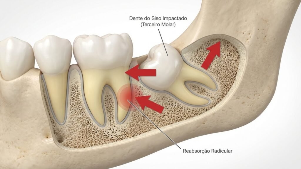 Ilustração 3D de dente do siso incluso em posição horizontal empurrando raiz do segundo molar - risco de reabsorção radicular