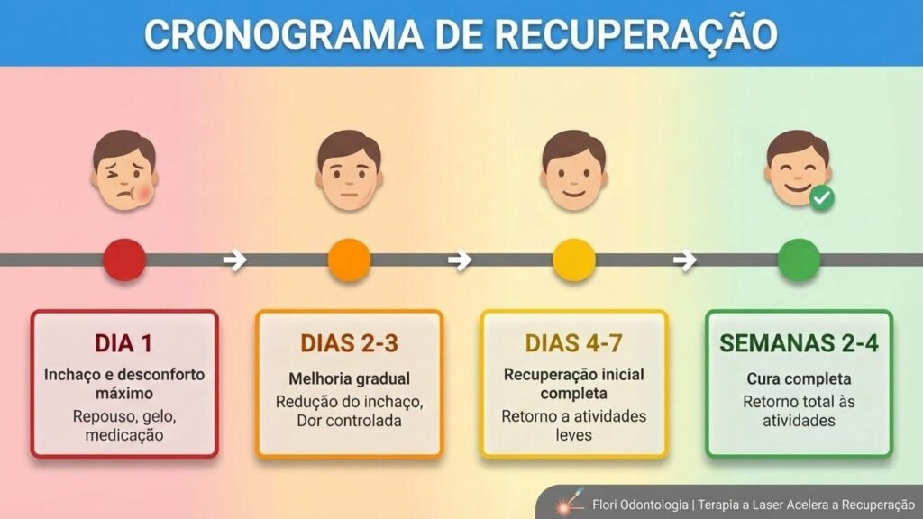 Linha do tempo da recuperação após extração do siso: evolução do dia 1 até cicatrização completa em 4 semanas