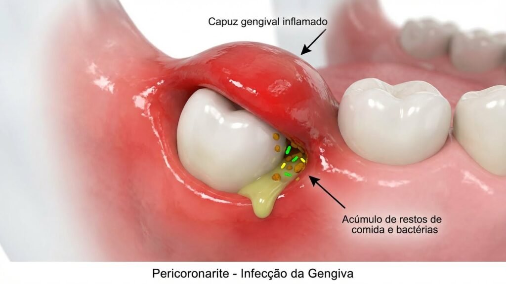 Ilustração 3D de pericoronarite infecção do capuz gengival que recobre parcialmente o dente do siso, com acúmulo de restos alimentares e bactérias