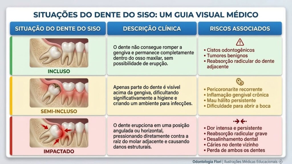 Tabela infográfica com 3 situações do siso: incluso, semi-incluso e impactado - riscos associados a cada condição