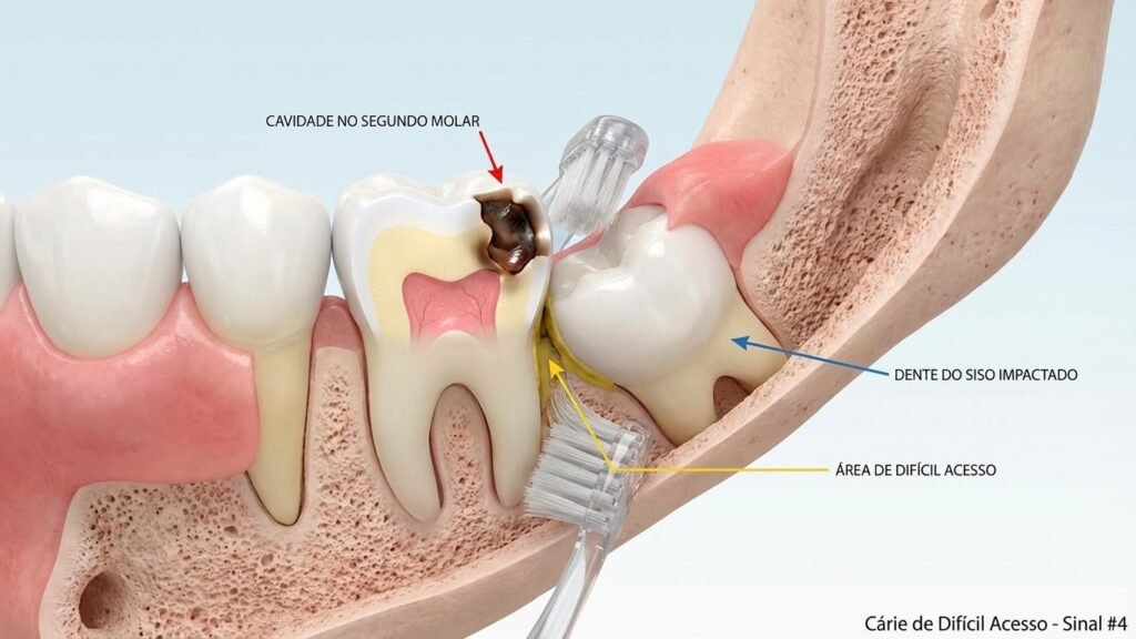 Cáries Causadas por Siso de Difícil Acesso Ilustração 3D mostrando cárie no segundo molar causada por siso impactado de difícil higienização