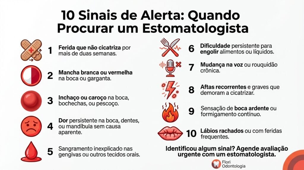 Infográfico com 10 sinais de alerta que indicam necessidade de consulta com estomatologista, incluindo feridas que não cicatrizam e manchas na boca