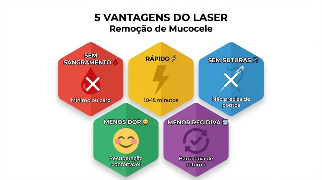 5 Vantagens do Laser para Remoção de Mucocele Infográfico mostrando 5 vantagens da remoção de mucocele a laser: rápido, sem sangramento, sem pontos, menos dor e menor recorrência
