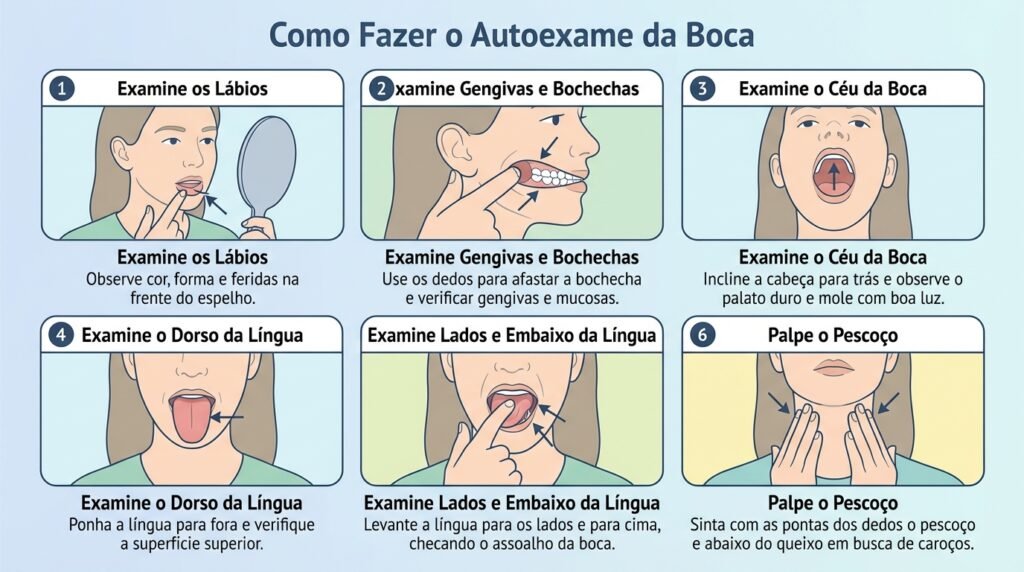 Guia passo a passo de como fazer autoexame da boca para detectar sinais precoces de câncer bucal e outras lesões