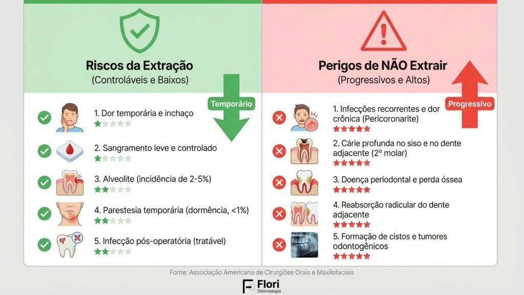 Tabela Comparativa: Riscos da Extração de Siso vs Perigos de Não Extrair - Flori Odontologia SP