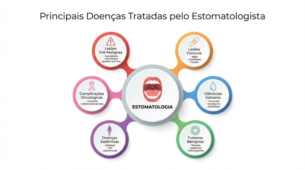 Infográfico mostrando as principais categorias de doenças tratadas pelo estomatologista, incluindo lesões pré-malignas, tumores e manifestações sistêmicas