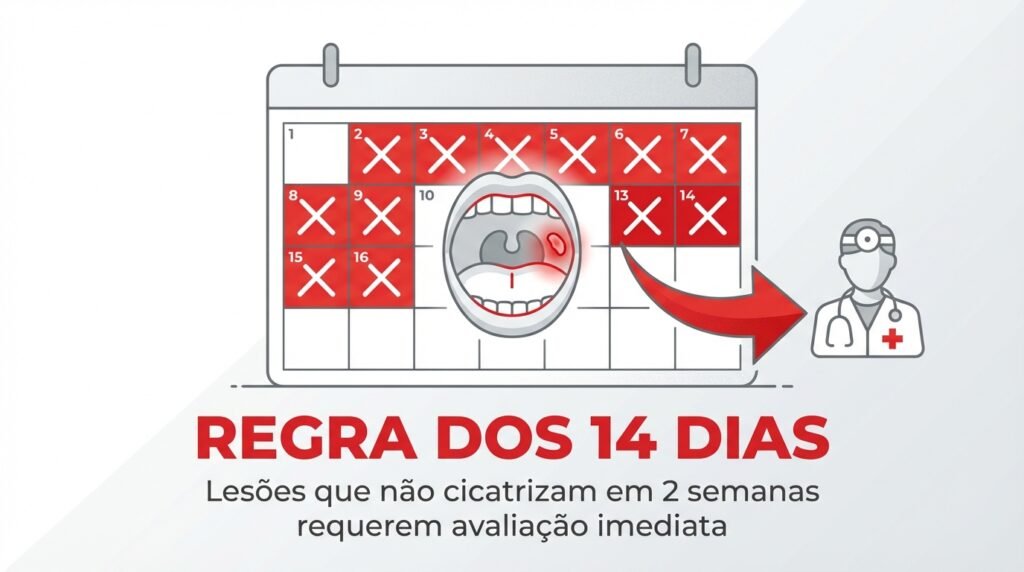 Ilustração da regra dos 14 dias: lesões na boca que não cicatrizam em 2 semanas requerem avaliação de estomatologista