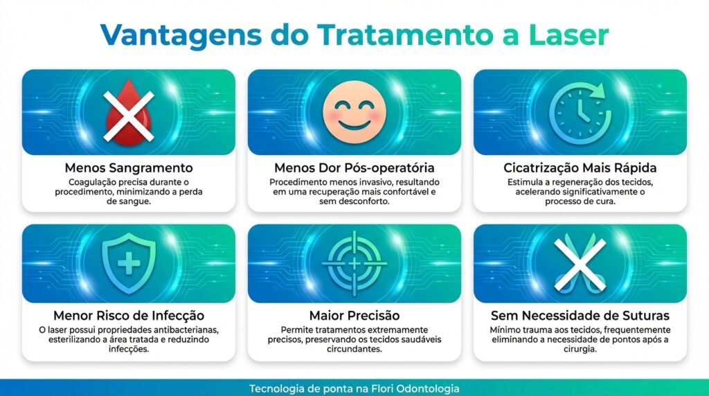 Infográfico mostrando as principais vantagens do tratamento com laser em estomatologia: menos dor, cicatrização rápida e maior precisão
