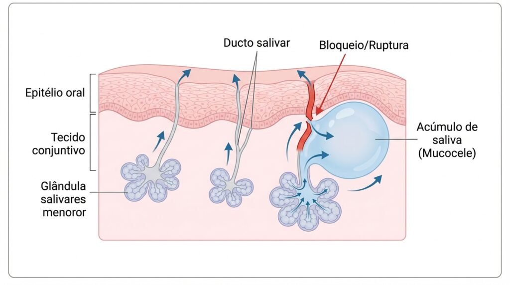 Como se forma a mucocele - Anatomia das glândulas salivares Ilustração anatômica mostrando glândulas salivares menores e mecanismo de formação da mucocele por bloqueio ou ruptura do ducto