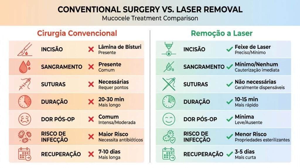 Cirurgia Convencional vs Laser para Mucocele - Comparação Tabela comparativa entre cirurgia convencional e remoção a laser para tratamento de mucocele, mostrando vantagens do laser