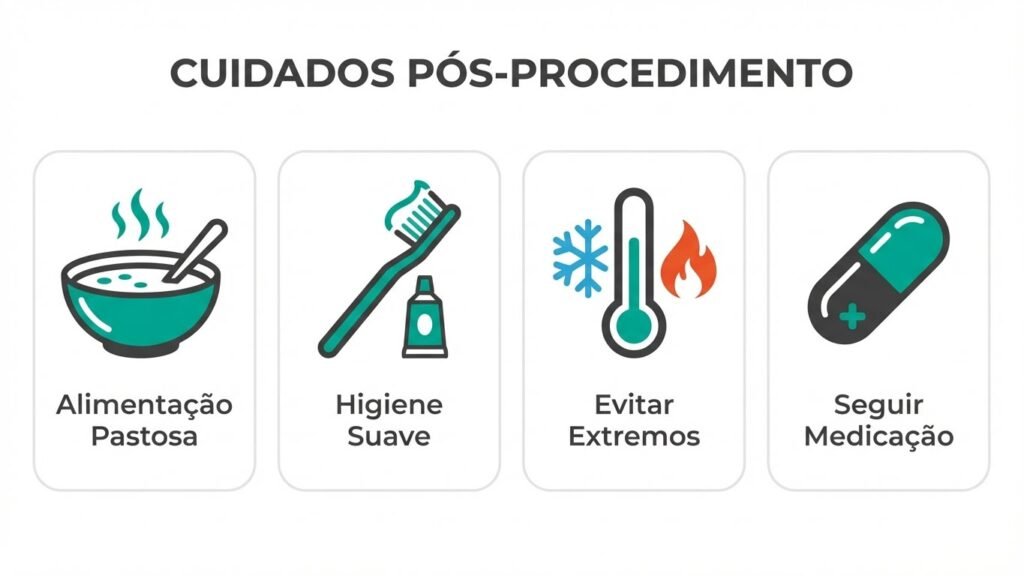 Infográfico com 4 cuidados pós-raspagem periodontal: alimentação macia, higiene suave, evitar temperaturas extremas e seguir medicação.