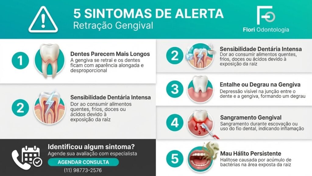 Infográfico vertical mostrando os 5 principais sintomas de alerta da retração gengival: dentes alongados, sensibilidade, entalhe na gengiva, sangramento e mau hálito.