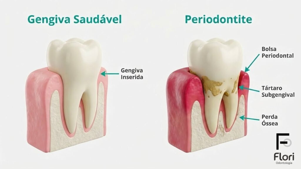 Infográfico comparando uma gengiva saudável com uma gengiva com periodontite, mostrando a formação de bolsa periodontal e tártaro subgengival.