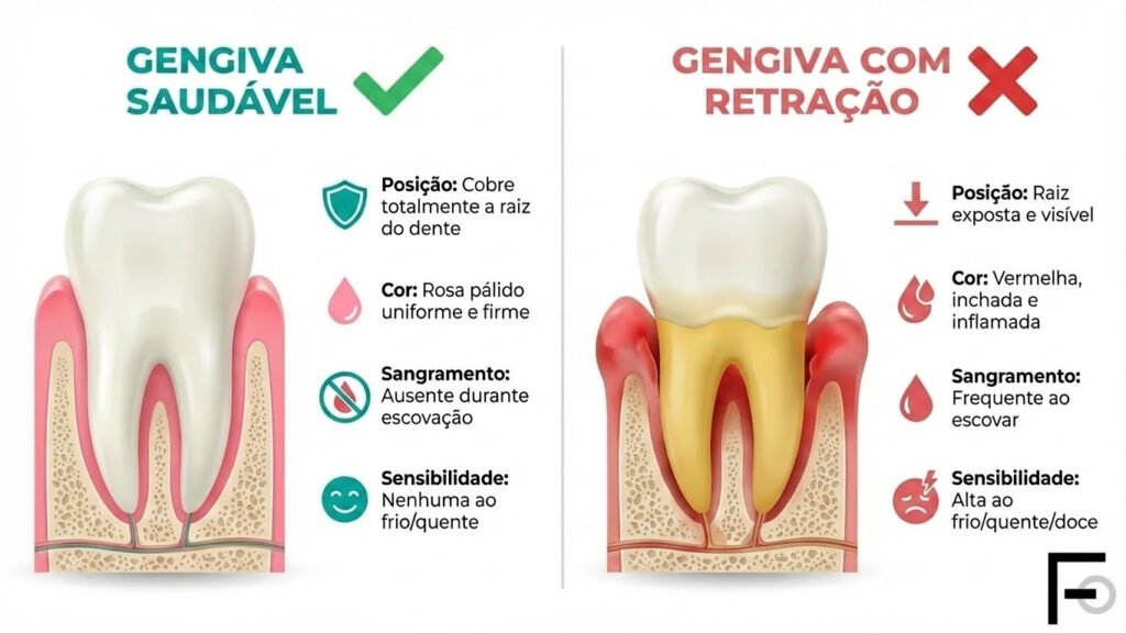 Infográfico comparativo detalhado mostrando as diferenças entre uma gengiva saudável que cobre totalmente a raiz do dente e uma gengiva com retração que deixa a raiz exposta e vulnerável.
