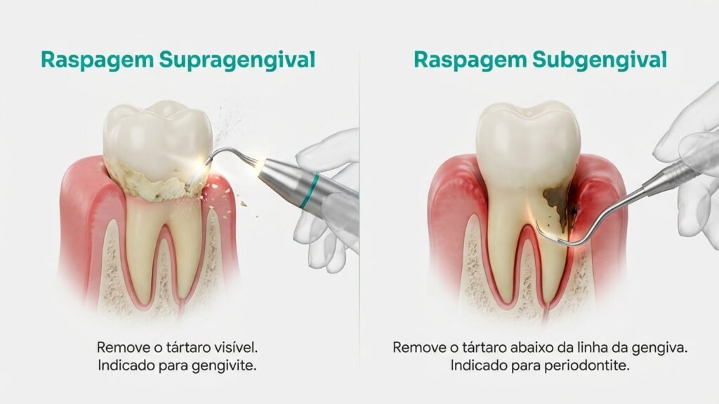 Infográfico explicando a diferença entre a raspagem supragengival, acima da gengiva, e a subgengival, abaixo da gengiva.