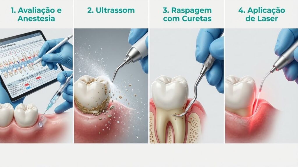 Infográfico mostrando os 4 passos da raspagem periodontal: avaliação, ultrassom, curetas e aplicação de laser.
