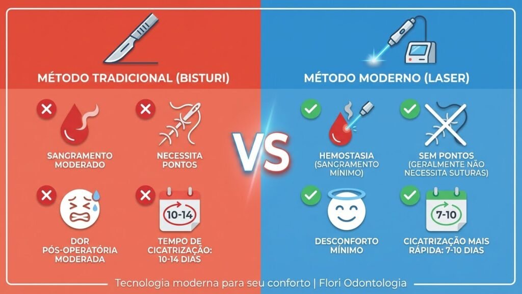 Biópsia a Laser vs. Bisturi: Vantagens da Tecnologia Moderna Comparação entre biópsia bucal com bisturi tradicional e laser de alta potência mostrando vantagens
